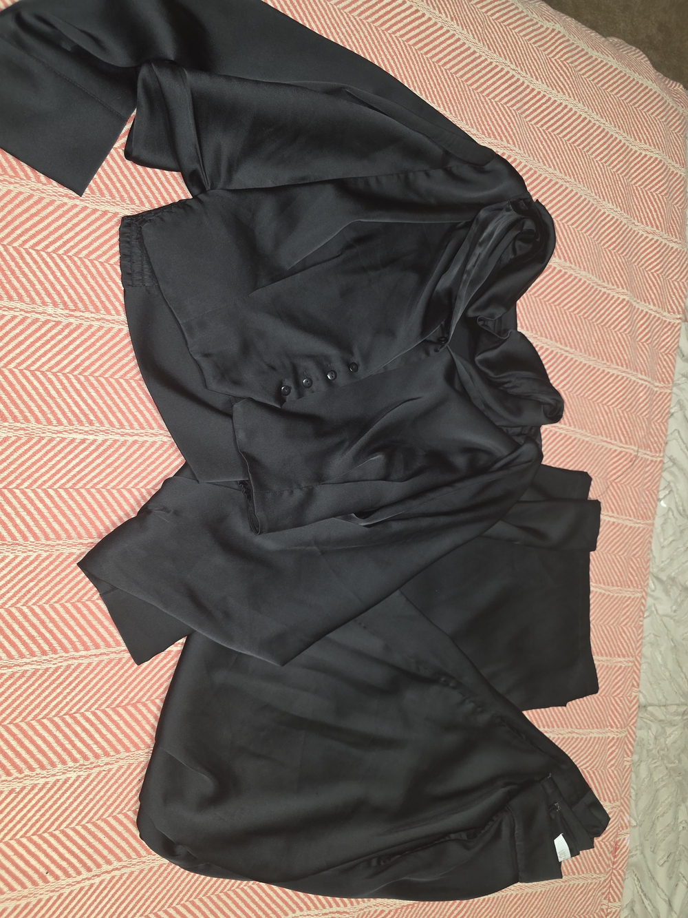 Black Satin Two-Piece Set - Elegant Blouse & Skirt